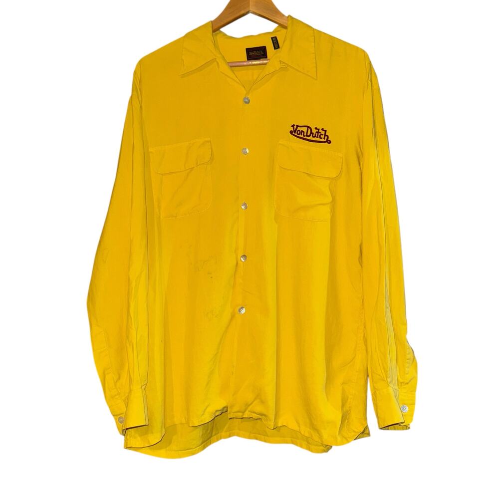 Von Dutch Silk Yellow Button Up Shirt Men's Large Embroidered Rare Y2K ~Flawed~